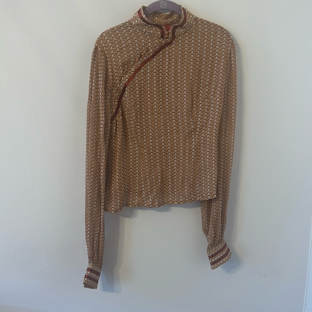 Shanghai Tang Brown Printed Long Sleeves Silk Top Size 14